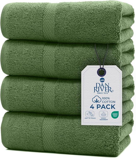 DAN RIVER Bath Towels Set of 4, 27 x 54 Inches, 100% Cotton, Larger & Lighter Weight, Quicker to Dry, Super Soft and Absorbent, Ideal Large Bath Towel for Daily Use, Sage Green