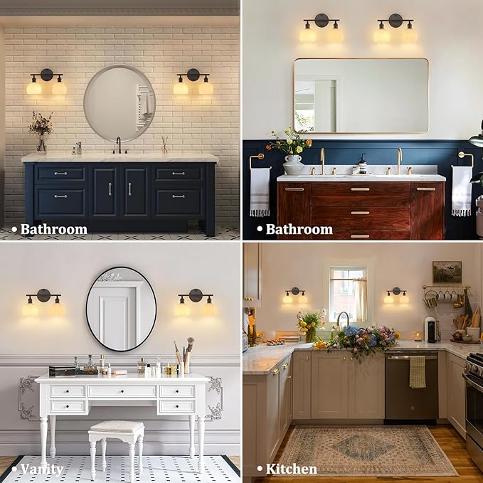 Bathroom Light Fixtures, 2-Light Black Vanity Wall Light Over Mirror with White Tulip Glass Shade for Bedroom Living Room (Bulb Not Included)