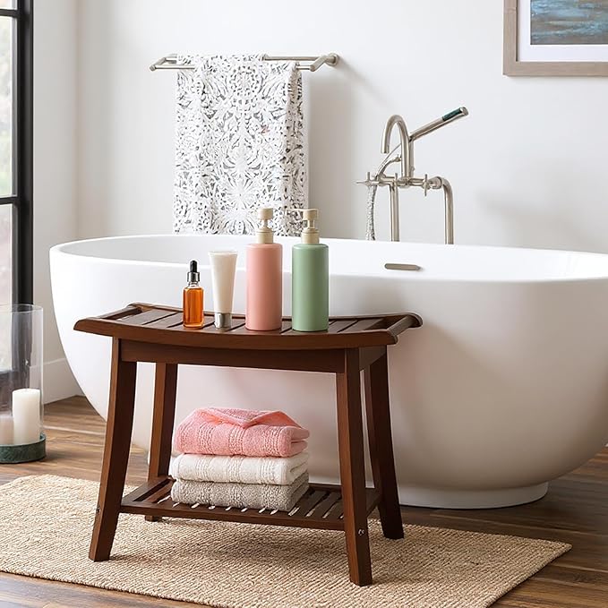 Bamboo Shower Bench Stool,24" Shower Chair Seat Non-Slip,Waterproof Bathroom Bench with Storage Shelf for Adults,Elderly, Disabled Indoor&Outdoor Use (Walnut)