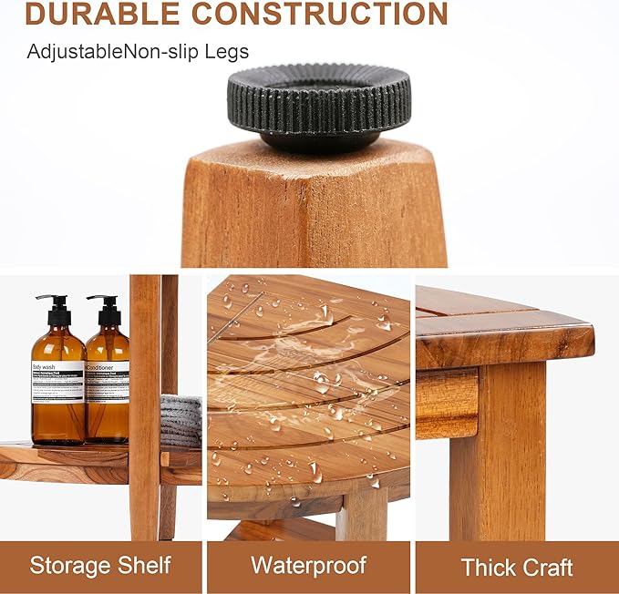 18" Teak Corner Shower Stool, 2-Tier Teak Shower Bench with Storage Shelf, Adjustable Non-Slip Feet, Natural