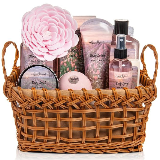 Spa Baskets For Women - Luxury Bath Set With Rose Oil & Orchid - Spa Kit Includes Wash, Bubble Bath, Lotion, Bath Salts, Body Scrub, Body Spray, Shower Puff, Bathbombs, Soap and Towel