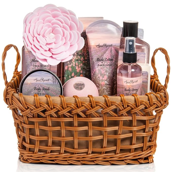 Spa Baskets For Women - Luxury Bath Set With Rose Oil & Orchid - Spa Kit Includes Wash, Bubble Bath, Lotion, Bath Salts, Body Scrub, Bath Spray, Shower Puff, Bathbombs, Soap and Towel