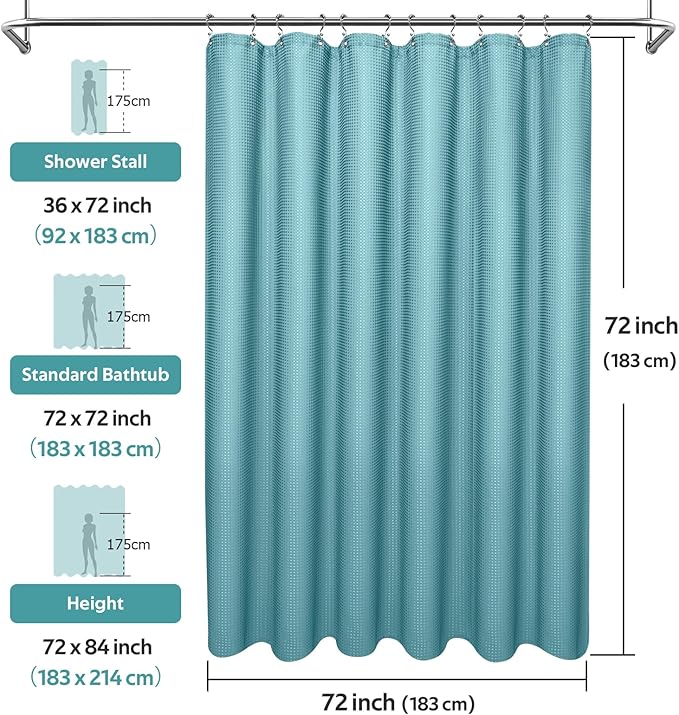 3 in 1 Shower Curtain Set, Waffle Shower Curtain and Liner Set with 12 Double Sided Shower Curtain Hooks, 258GSM Luxury Weighted Cloth Shower Curtains for Bathroom, 72 W x 72 H, Teal