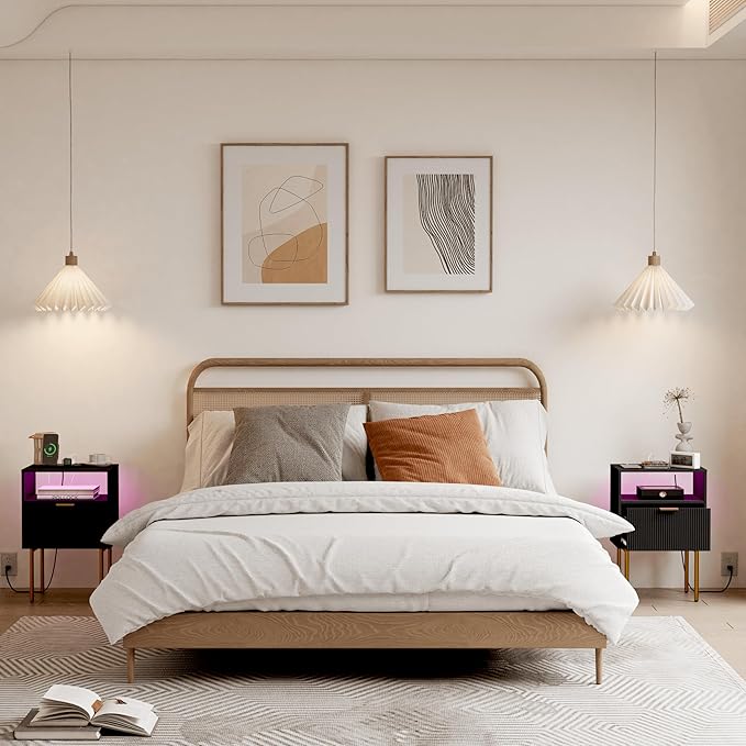 Modern Nightstand with Charging Station and LED Lights, Black Nightstand with Drawer, Fluted Nightstand for Living Room, Bedroom