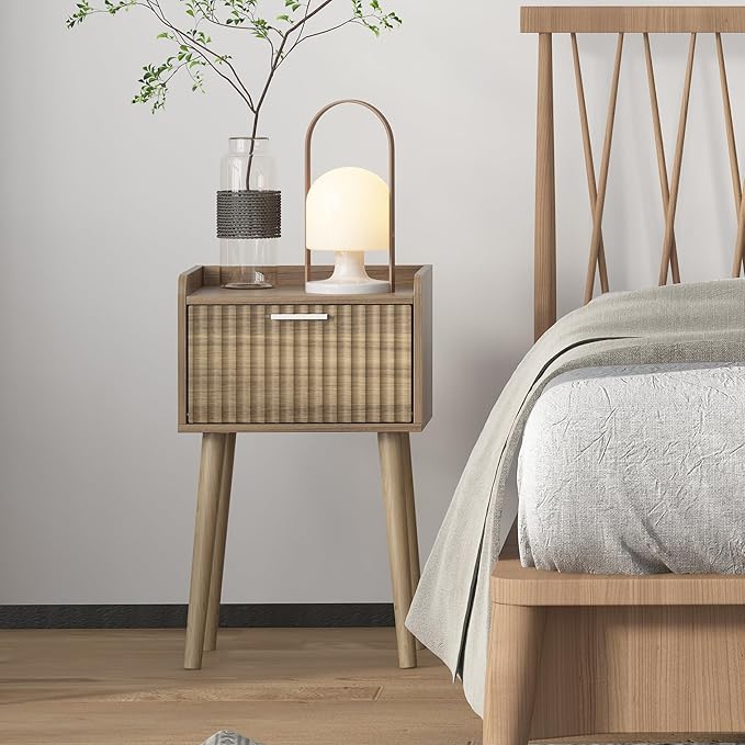 LAATOOREE Small Nightstand Set of 2, Side End Table with Fluted Door, Bedside Table with Solid Wood Legs, Mid-Century, for Bedroom, Small Beds