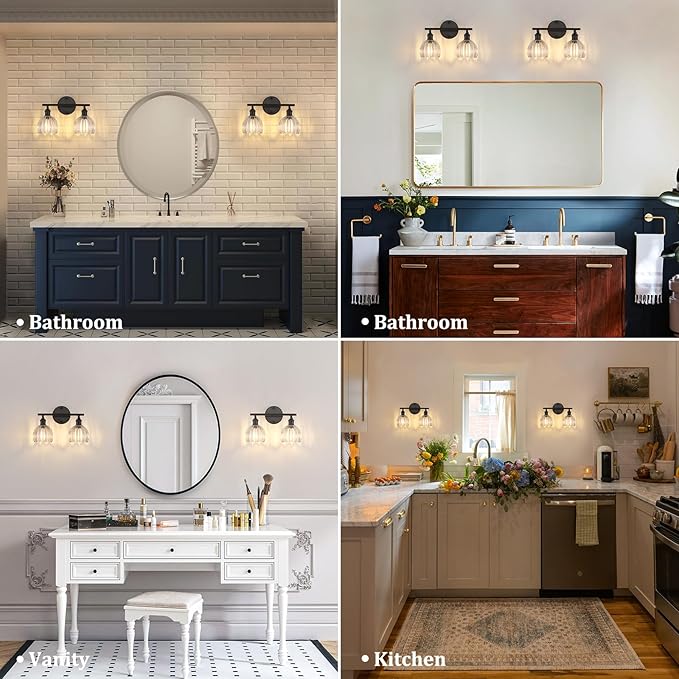 Bathroom Light Fixtures, 2-Light Black Vanity Wall Light Over Mirror with Clear Tulip Glass Shade for Bedroom Living Room (Bulb Not Included)