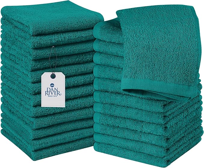 DAN RIVER 24 Pack Wash Cloths for Showering [12x12] - 100% Cotton Washcloths Premium Quality Flannel Face Cloths for Bathroom, Highly Absorbent and Soft Feel Wash Clothes, Teal