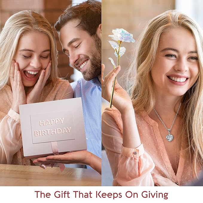 Birthday Gifts for Women, Birthday Spa Gift Basket for Women, Luxury Birthday Spa Gift Box with Vit E, Rich Bath Essentials, Diffuser, Candle, Sterling Silver CZ Heart Necklace, 24k Flower Rose & More