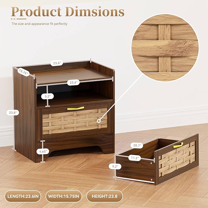 24" Rattan Nightstand Set of 2, Walnut Bedside Table with Semi Open Cubby, Boho Night Stand with Farmhouse Arched Base for Bedroom, Side Table, End Table for Dorm