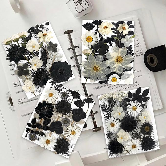 131PCS Black White Dried Pressed Flowers with Butterfly Stickers - YouthBro Real Nature Flowers Craft Set for Craft Resin DIY Jewelry Candle Soap Making Nail Card Scrapbook Art Floral Decors