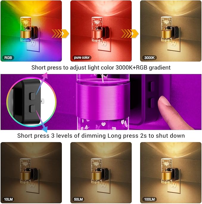 JandCase Night Lights Plug into Wall,Rose Carved Night Light for Girls, 3000K+RGB 10-Color LED Nightlight with Dusk to Dawn Sensor, 10/50/100LM Adjustable Brightness for Birthday Home Decor