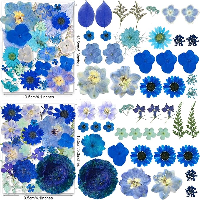 150PCS Blue Dried Pressed Flowers with Butterfly Stickers - YouthBro Real Nature Flowers Herb Set for Resin DIY Jewelry Candle Soap Vase Making Nail Card Scrapbook Art Craft Floral Decors