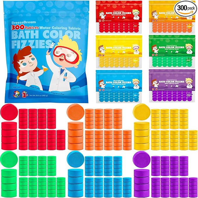300 Count Bath Color Tablets for Kids, Non-Toxic & Fragrance-Free Fizzies Tablets, 6 Vibrant Water Colors, Kid-Friendly Bath Bombs Set for Fun Bath Time, Ideal for Kids Ages 3+