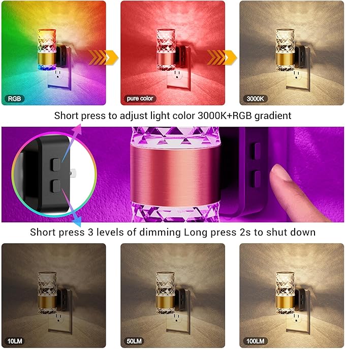 JandCase Night Lights Plug into Wall,2 Pack Color Changing Night Light for Kids, 3000K+RGB 10-Color LED Nightlight with Light Sensor, 10/50/100LM Adjustable Brightness for Rooms Home Decor