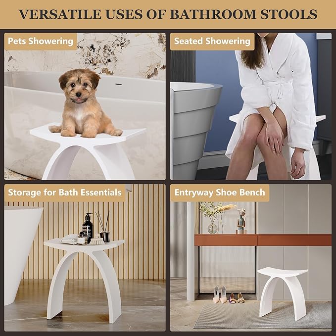 CASAINC Solid Surface Shower Stool for Inside Shower, Stone Resin Arched Bathroom Stool Modern Matte White Shower Bench, Approximately 440 LBS Load Capacity, No Assembly