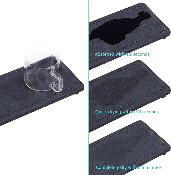 2 Pcs Water Absorbing Stone Trays, Kitchen/Bathroom Sink Soap Dish, Diatomite Tray Used for Hand Soap & Cosmetic Bottles in The Modern Home, 4" W x 10.2" L, Dark Gray