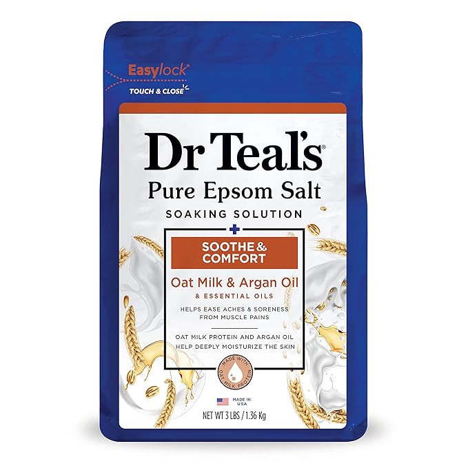 Dr Teal's Foaming Bath with Pure Epsom Salt, Shea Butter & Almond, 34 fl oz (Pack of 4) (Packaging May Vary) & Pure Epsom Salt Soak, Soothe & Comfort with Oat Milk & Argan Oil, 3 lbs