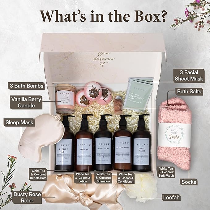 17-Piece Luxury Gift Set with Robe | Complete INFUSÉ White Tea & Coconut Bath Collection | Self-Care Kit with Bath Bombs, Face Masks & Hair Care | Bridesmaid, Mom, Wife, Grandma or Loved Ones