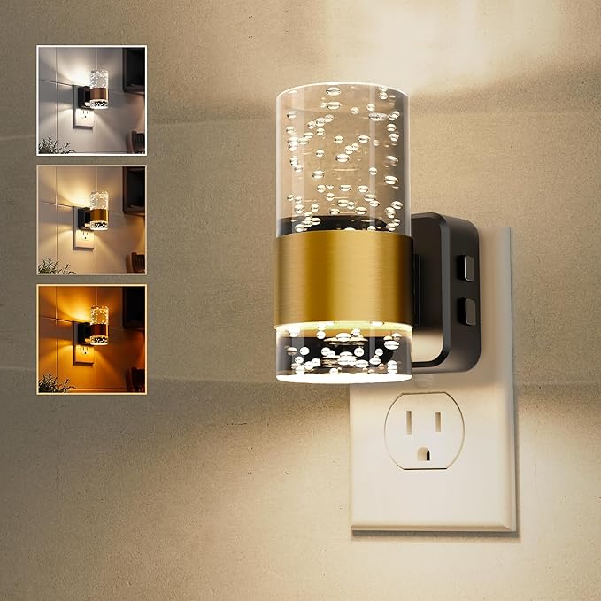 Night Lights Plug into Wall, Dimmable Night Light with Dusk-to-Dawn Light Sensor, Soft White/Cool White/Amber 3 Light Color, Adjustable Brightness, Rotatable plug, Bubble Nightlight for Hallway