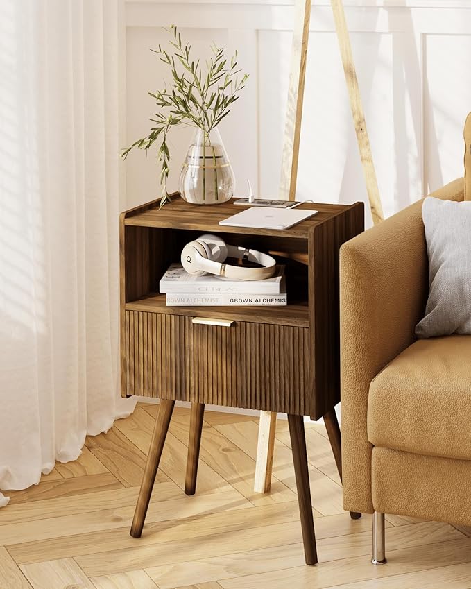 Nightstand with Outlet,Modern Bedside Table with Storage Drawer and Open Wood Shelf, for Living Room, Bedroom and Small Spaces, Accent Night Stand with Solid Wood Legs, Easy Assembly,Brown