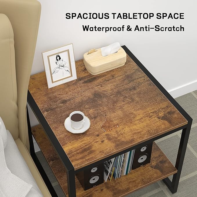 Homieasy End Table, 20 Inch Square End Table, Mini Fridge Stand with 2-Tier Storage Shelves, Industrial Wood Side Tables for Living Room, Rustic Brown