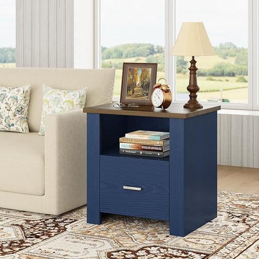4ever2buy Farmhouse Nightstand with Storage Drawer, Bedside Table with Metal Handle&Open Wood Shelf, Rustic End Table for Bedroom, Living Room, Blue
