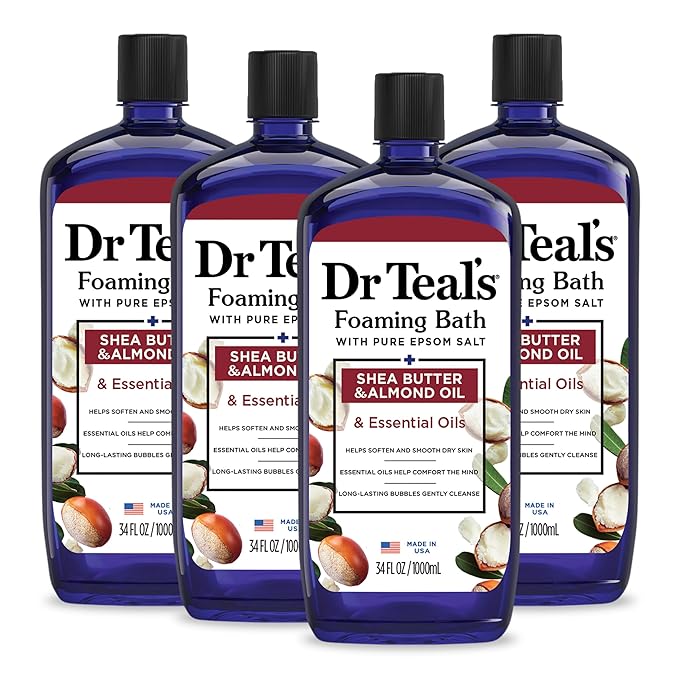 Dr Teal's Foaming Bath with Pure Epsom Salt, Shea Butter & Almond, 34 fl oz (Pack of 4) (Packaging May Vary) & Salt Soak with Pure Epsom Salt, Shea Butter & Almond, 3 lbs