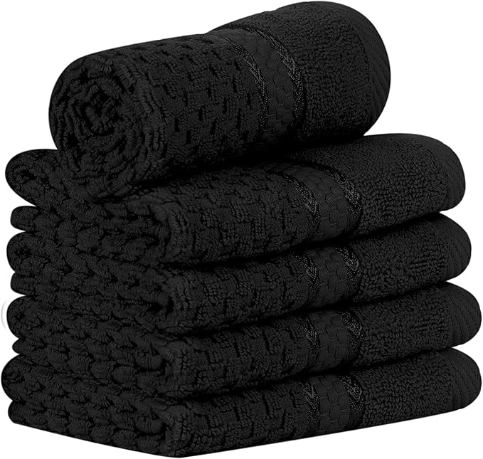Ample Decor Wash Cloth Set of 5 100% Cotton - Popcorn Textured - Mulaayam Collection - Black 12 X 12 Inch