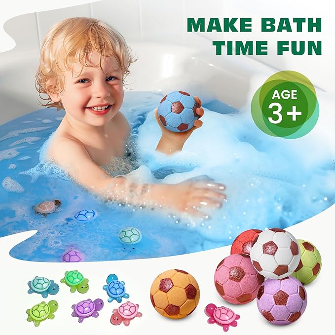 Bath Bombs with Surprise Toys Inside, Soccer Gifts for Kids Boys Girls, 9 Kids Bath Bombs Gift Set, Handmade Nature Bubble Bath Fizzes Bomb, Birthday Gifts for Kid