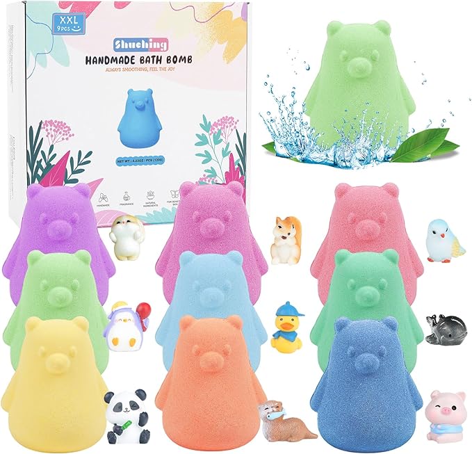SHUCHING 9 PCS XXL Bear Bath Bombs with Surprise Inside, Organic Bubble Bath Fizzy Balls for Kids Boys Girls Birthday Christmas