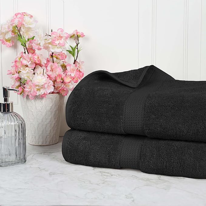 Superior Egyptian Cotton Pile Bath Sheet Set of 2, Ultra Soft Luxury Towels, Thick Plush Essentials, Absorbent Heavyweight, Guest Bath, Hotel, Spa, Home Bathroom, Shower Basics, Black