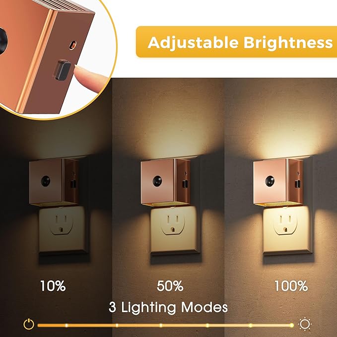 L LOHAS LED Night Light,Plug in Night Light with Motion Sensor and Dusk to Dawn Sensor, Brightness Adjustable,3000K Soft White, Rose Gold Nightlight for Bathroom Hallway Kitchen