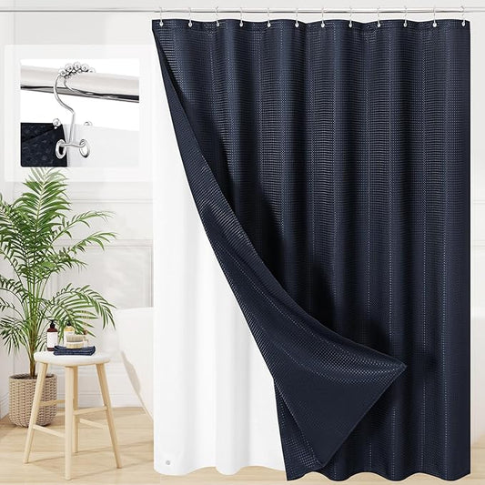 3 in 1 Extra Long Navy Blue Shower Curtain Set-72 W x 84 H, Modern Waffle and PEVA Liner Set with 12 Stainless Steel Hooks, Waterproof Fabric for Bathroom