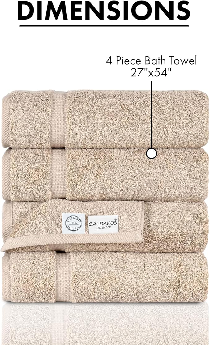 SALBAKOS 100% Turkish Cotton Bath Towel Set of 4 27x54 inch | Heirloom Quality | Hotel & Spa Collection | Ultra Soft, Super Absorbent, Long Lasting Bath Towels | Made in Turkey (Taupe, 4 Bath Towels)