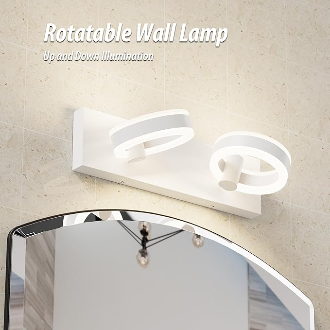 LED Bathroom Light Fixtures,15inch White Vanity Lights, Modern 2 Light Acrylic Wall Sconces, 350° Rotatable Wall Lighting Fixture Over Mirror