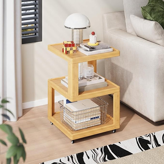ZIYOO 3-Tier Solid Wood Mobile Side Table with Wheels, Wooden Night Stand, Unique Floating Design Storage Organizer for Bedroom, Living Room, Small Spaces, Natural Bamboo
