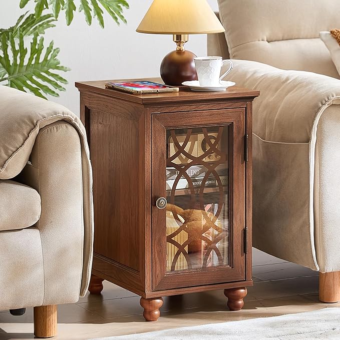 Narrow Side Table Set of 2 with Glass Door, 18 x 14'' Night Stand with Adjustable Shelf Storage Cabinet Organizer, Bedside End Tables Wood Nightstand for Small Spaces Living Room Bedroom