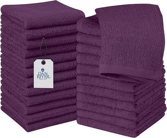DAN RIVER 24 Pack Wash Cloths for Showering [12x12] - 100% Cotton Washcloths Premium Quality Flannel Face Cloths for Bathroom, Highly Absorbent and Soft Feel Wash Clothes, Purple Passion