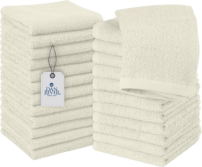 DAN RIVER 24 Pack Wash Cloths for Showering [12x12] - 100% Cotton Washcloths Premium Quality Flannel Face Cloths for Bathroom, Highly Absorbent and Soft Feel Wash Clothes, Ivory