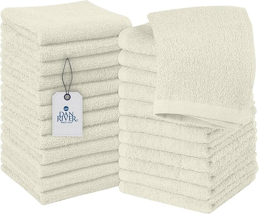 DAN RIVER 24 Pack Wash Cloths for Showering [12x12] - 100% Cotton Washcloths Premium Quality Flannel Face Cloths for Bathroom, Highly Absorbent and Soft Feel Wash Clothes, Ivory