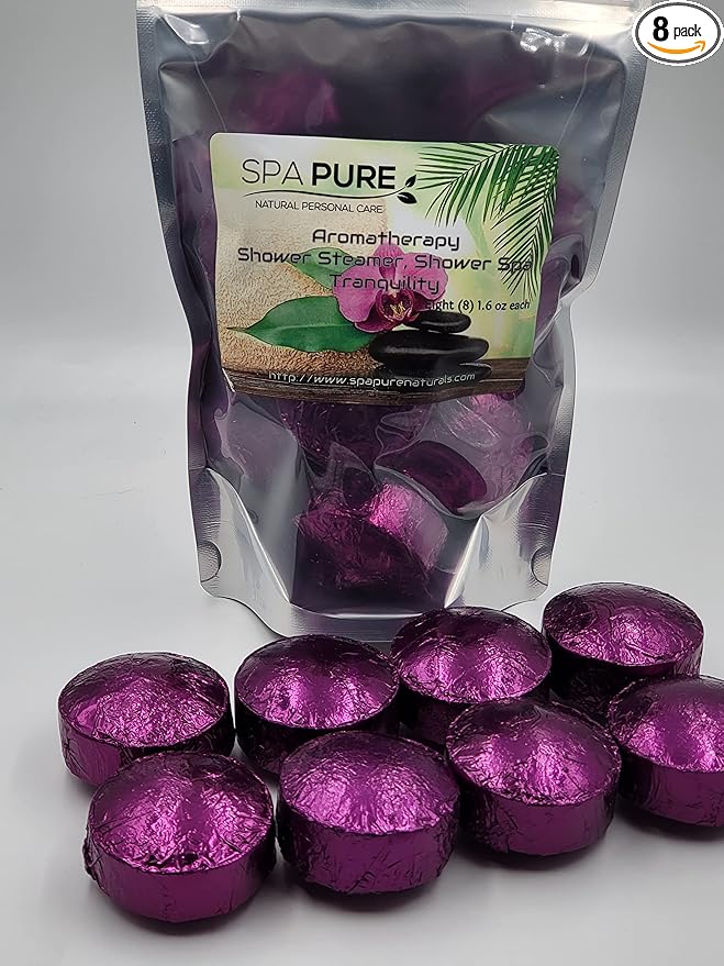 Spa Pure Tranquility Shower Steamers: Aromatherapy Shower Bombs Made in USA with 100% Natural/Organic Essential Oils - Transform Your Shower (8 Count) Pack of 1