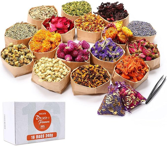 15g/Bag Dried Flowers,100% Natural Dried Flowers Herbs Kit for Soap Making, DIY Candle Making,Bath - Include Rose Petals,Lavender,Don't Forget Me,Lilium,Jasmine,Rosebudsand More(16 Bags)