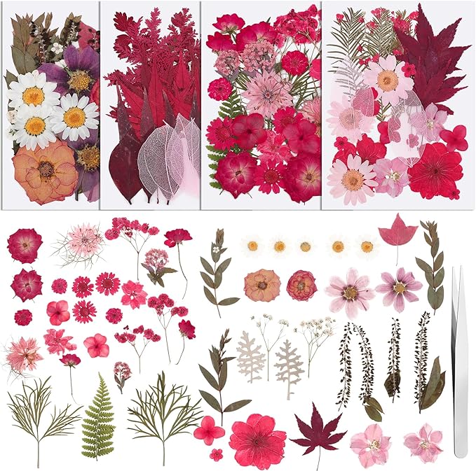 100 Pcs Dried Pressed Flowers, Real Natural Dried Wildflowers Leave with Tweezer Floral Decoration for DIY Crafts, Candle Making, Resin Mold and Scrapbooking Mixed Pink