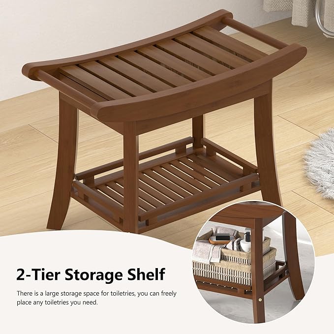 Bamboo Shower Bench Chair Bathroom Shower Stool Seat for Inside Shower Bathtub with Storage Shelf Shower Foot Rest for Shaving Legs 25.2 x 13 x 19.2 Inches Chestnut Brown