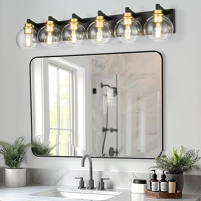Bathroom Light Fixtures, 6-Light Black and Gold Bathroom Vanity Light, 38 Inch Modern Wall Sconces with Globe Clear Glass Shade, Vanity Lighting Fixtures Over Mirror, VL195-KG-6