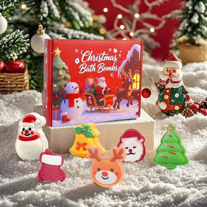 Christmas Bath Bombs for Kids & Women, Handmade Bath Bomb Gift Set of 6 Fun Shapes, Perfect Stocking Stuffers for Teen Girls & Boys, Skin Care Bathbombs as Christmas Gifts for Kids