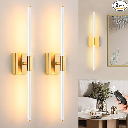 30 Inch White Gold Battery Operated Wall Sconces Set of 2, Dimmable Battery Wall Sconce with Remote Control, LED Rechargeable Sconces, Modern Wireless Wall Lights for Bedroom, Living Room