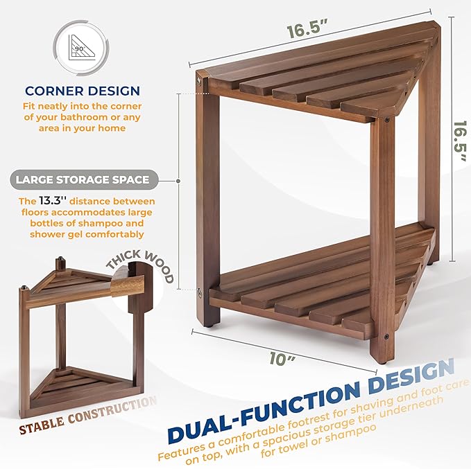 BLUEWEST Corner Shower Stool, Wooden Corner Shower Bench for Shaving Legs Inside Shower (Walnut, 2 Tier)