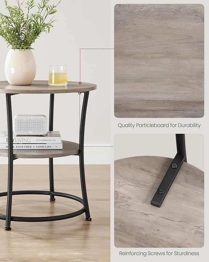 VASAGLE Side Table, 2-Tier Round End Table with Power Outlets, Nightstand with Steel Frame for Small Spaces, Living Room, Bedroom, Heather Greige and Ink Black ULET077L01