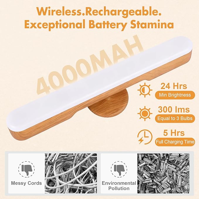 Set of 2 Wireless Vanity Makeup Lights for Mirror, Rechargeable LED Stick On Light Bar for Bathroom Mirror with Dimmable 3 CCT, Long Battery Life Cordless Light for Vanity Desk(Light Brown)